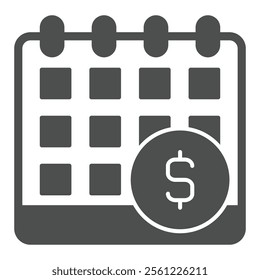Calendar with dollar solid icon, bank account concept. Vector graphics. Appointment sign on white background, glyph style icon for mobile or web design