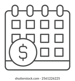 Calendar with dollar thin line icon, bank account concept. Vector graphics. Appointment sign on white background, outline style icon for mobile or web design