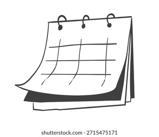 Icono de cuadrícula de doodle de calendario, boceto dibujado a mano. Planificador de horario de línea de escritorio colgante. Recordatorio y calendario con un cheque.