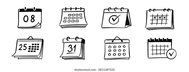 Calendar doodle icon vector set. Hand drawn calendar doodle icon with paper date time month schedule. Business reminder appointment notebook office management graphic concept. Vector illustration