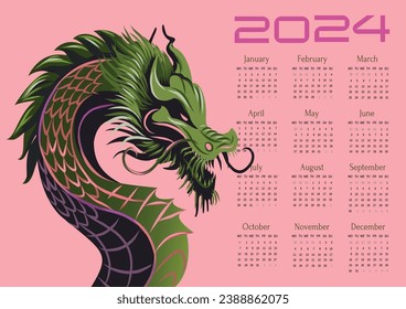 Calendar Dragon 2024. Vector poster calendar oriental Chinese New Year. Year of the Dragon paper cut. Bright colored zodiac dragon. Poster card
