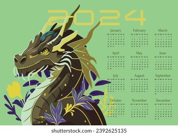 Calendar Dragon 2024. Vector poster calendar oriental Chinese New Year. Year of the Dragon paper cut. Bright colored zodiac dragon. Poster card