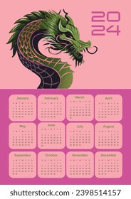 Calendar Dragon 2024. Vector poster calendar oriental Chinese New Year. Year of the Dragon paper cut. Bright colored zodiac dragon. Poster card