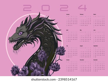 Calendar Dragon 2024. Vector poster calendar oriental Chinese New Year. Year of the Dragon paper cut. Bright colored zodiac dragon. Poster card