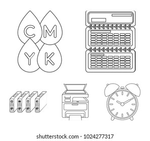 Calendar, drops of paint, cartridge, multifunction printer. Typography set collection icons in outline style vector symbol stock illustration web.