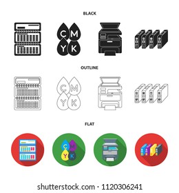 Calendar, drops of paint, cartridge, multifunction printer. Typography set collection icons in black,flat,outline style vector symbol stock illustration web.