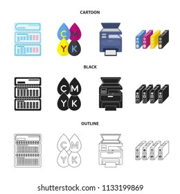Calendar, drops of paint, cartridge, multifunction printer. Typography set collection icons in cartoon,black,outline style vector symbol stock illustration web.