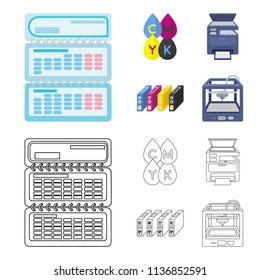 Calendar, drops of paint, cartridge, multifunction printer. Typography set collection icons in cartoon,outline style vector symbol stock illustration web.