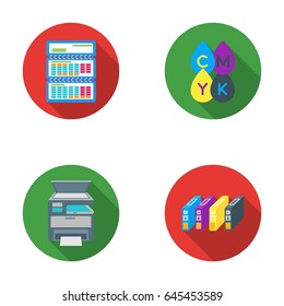Calendar, drops of paint, cartridge, multifunction printer. Typography set collection icons in flat style vector symbol stock illustration web.