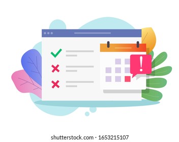 Calendar due deadline online bad note on website as unsuccessful important event reminder icon vector flat cartoon, illustrated agenda web bowser with not done task list timetable modern svg