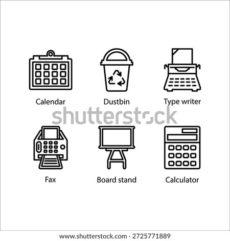 Calendar, Dustbin, Type writer, Fax, Board stand, Calculator, icon