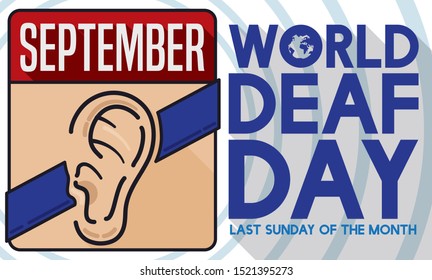 Calendar with ear forming the deafness symbol in flat style and long shadow over sound wave pattern to celebrate World Deaf Day in September.