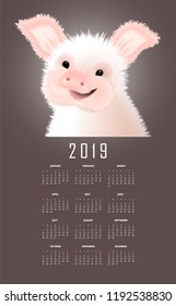 Calendar with the eastern symbol of 2019 the Pig. Happy smiling piggy vector illustartion on brown background