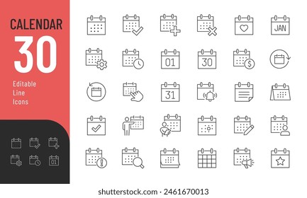 Calendar Editable Icons set. Vector illustration in modern thin line style of date related icons: event, planning, remainder, and more. Pictograms and infographics for mobile apps