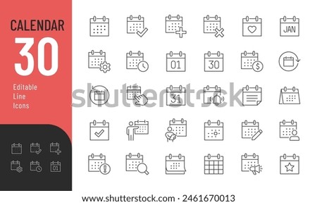 Calendar Editable Icons set. Vector illustration in modern thin line style of date related icons: event, planning, remainder, and more. Pictograms and infographics for mobile apps