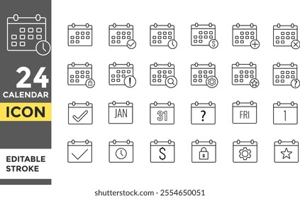 Calendar Editable line stroke icon set. Pixel perfect. Signs of Calendar for Adverts. calendar sign symbol. Date and check symbol. Simple calendar abstract icon sign
