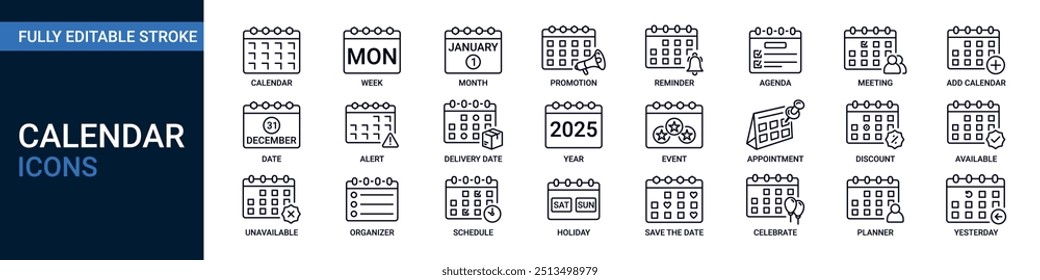 Calendar editable stroke icon collection. Contains date, week, year, discount, promotion, schedule, holiday, agenda, event line icon set. Vector illustration