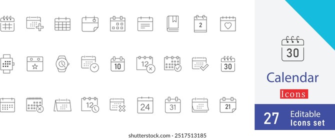 Conjunto de iconos de trazo editable del calendario que contiene la agenda, vacaciones, diario, mensual, anual, festival, vacaciones, semana de trabajo, programar más iconos de esquema