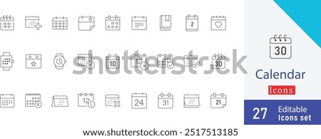 Calendar editable stroke  Icon set. containing  agenda,  holiday,  daily, monthly, yearly, festival, vacation, workweek, schedule more outline icons