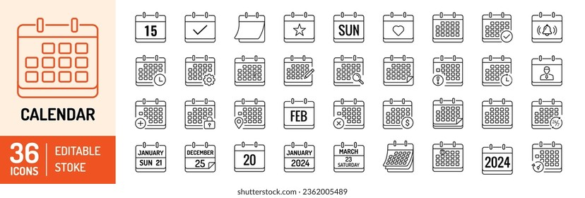 Calendar editable stroke outline Icons set. Planner, month, week, year, schedule, time, event, calendar, notification, reminder and appointment. Vector illustration