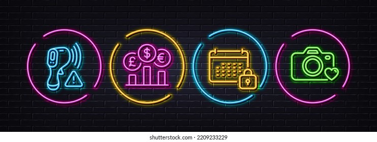 Kalender, Elektronisches Thermometer und Währungsrate minimale Linien Symbole. Neon Laser 3D-Lichter. Fotokamerasymbole. Für Web, Anwendung, Druck. Vektorgrafik