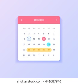 Calendar element UI for your website. Flat vector calendar for website.