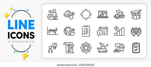 Calendar, Employee and Graph chart line icons set for app include Build, Winner ribbon, Drums outline thin icon. Execute, Graph laptop, Puzzle pictogram icon. Outsource work. Vector