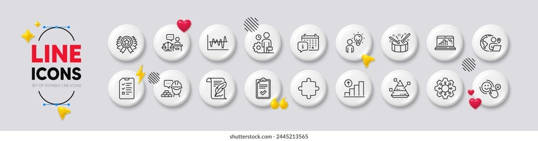 Iconos de línea de gráfico Calendario, Empleado y Gráfico. Iconos 3d de Botones blancos. Paquete de construcción, cinta ganadora, icono de batería. Ejecutar, Graph portátil, Puzzle pictograma. Vector