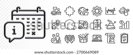 Calendar, Employee and Graph chart line icons for web app. Glare of light effect. Message icon. Pack of Build, Winner ribbon, Drums pictogram icons. Execute, Graph laptop, Puzzle signs. Vector