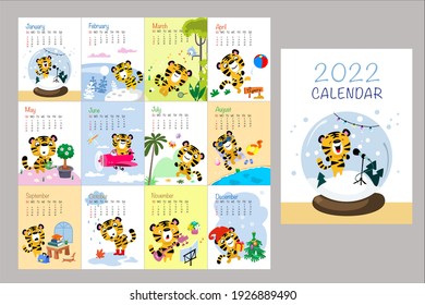 Calendar In English With Cute Hand Drawn Tigers Symbol 2022. Vector Illustration. Great For Adult, Kids, Nursery, Home, Office, Design.