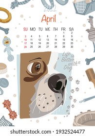 Calendar in English on April 2022 with cute hand drawn dog Boston terrier, domestic pet. Vector illustration. 