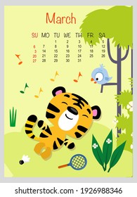 Calendar in English on March 2022 with cute hand drawn tigers symbol. Vector illustration. Great for adult, kids, nursery, home, office, design.