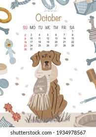 Calendar in English on October 2022 with cute hand drawn German Shorthaired Pointer dog, domestic pet. Vector illustration. 