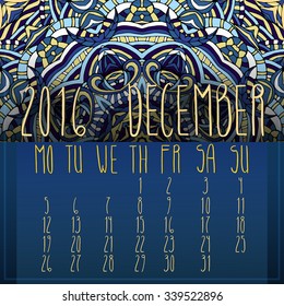 Calendar with ethnic bright mandala. December month. Vector illustration