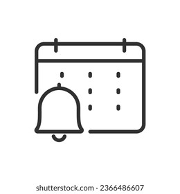 Calendario y campana de evento, icono lineal. Línea con trazo editable