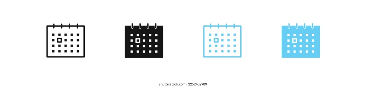 Calendar event icon. Date reminder symbol. Schedule plan signs. Important symbols. A highlight of the month icons. Black and blue color. Vector isolated sign.