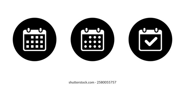 Calendar, event icon on black circle. Deadline, date, reminder organizer sign symbol