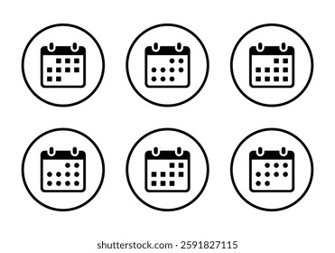 Calendar, event icon set collection on circle line. Date, schedule planner sign symbol