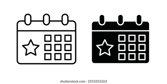 Calendario con iconos de eventos en estilo negro relleno y delineado