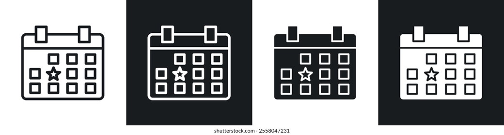Calendar with event icons pack in black and white filled and outlined versions.