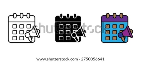 Calendar and event marketing icon set. Scheduling with megaphone announcement symbol. Vector Illustration.