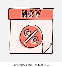 Calendar Event with Percentage Symbol Doodle Icon Illustration, soft colour palette in Hand drawn style. Perfect for promoting holiday sales and shopping events.