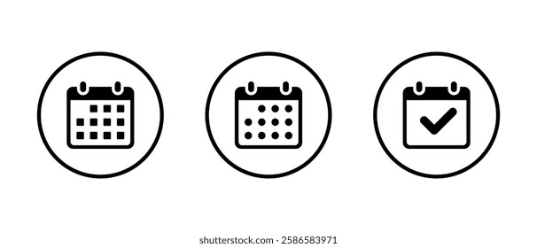 Calendar, event planner icon set on circle line. Deadline, date, reminder organizer sign symbol