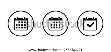 Calendar, event planner icon set on circle line. Deadline, date, reminder organizer sign symbol