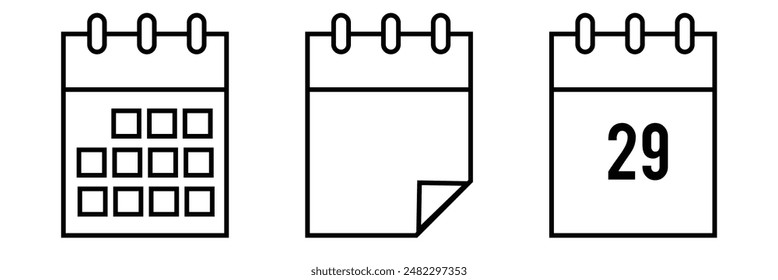 Calendar, Event, Schedule, Appointment, Agenda, Table calendar, Date Editable stroke Solid line icon set collection Vector illustration.