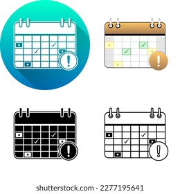 Calendar Event Task Caution Notify Exclamation Mark Finance Icon, Set of Flat Long Shadow, Black-White Silhouette, Line Art Logo Icon Symbol Isolated on White Background