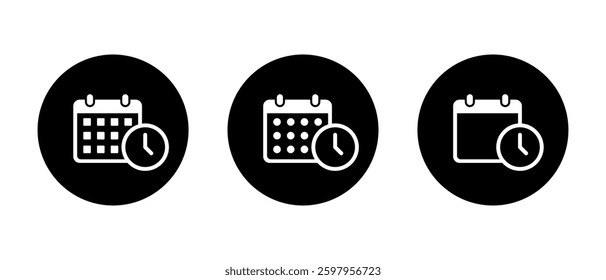 Calendar, event time icon set on black circle. Date with clock sign symbol
