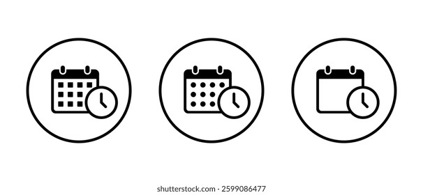 Calendar, event time icon set on circle line. Date with clock sign symbol