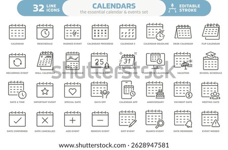 Calendar and events icon set. Thin line editable stroke icons for scheduling, dates, reminders, time management, productivity, holidays, business and education