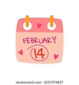 Calendar for every day with circled date 14 February. Valentine's Day is the holiday of all lovers. Vector illustration on white background.